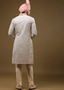 Powder Blue Silk Sherwani Set In Zari And Sequins Embroidery