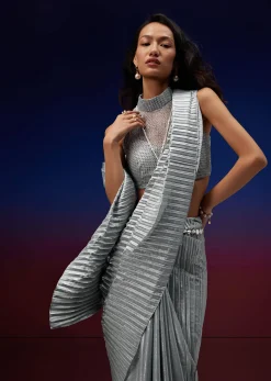 Powder Blue Silver Foil Open Saree With Net Blouse