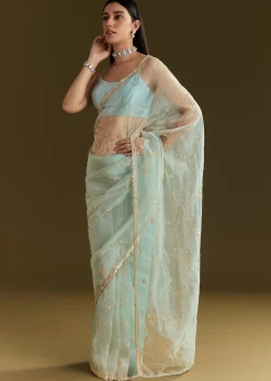Powder Blue Tissue Embroidered Saree With Scallop Border