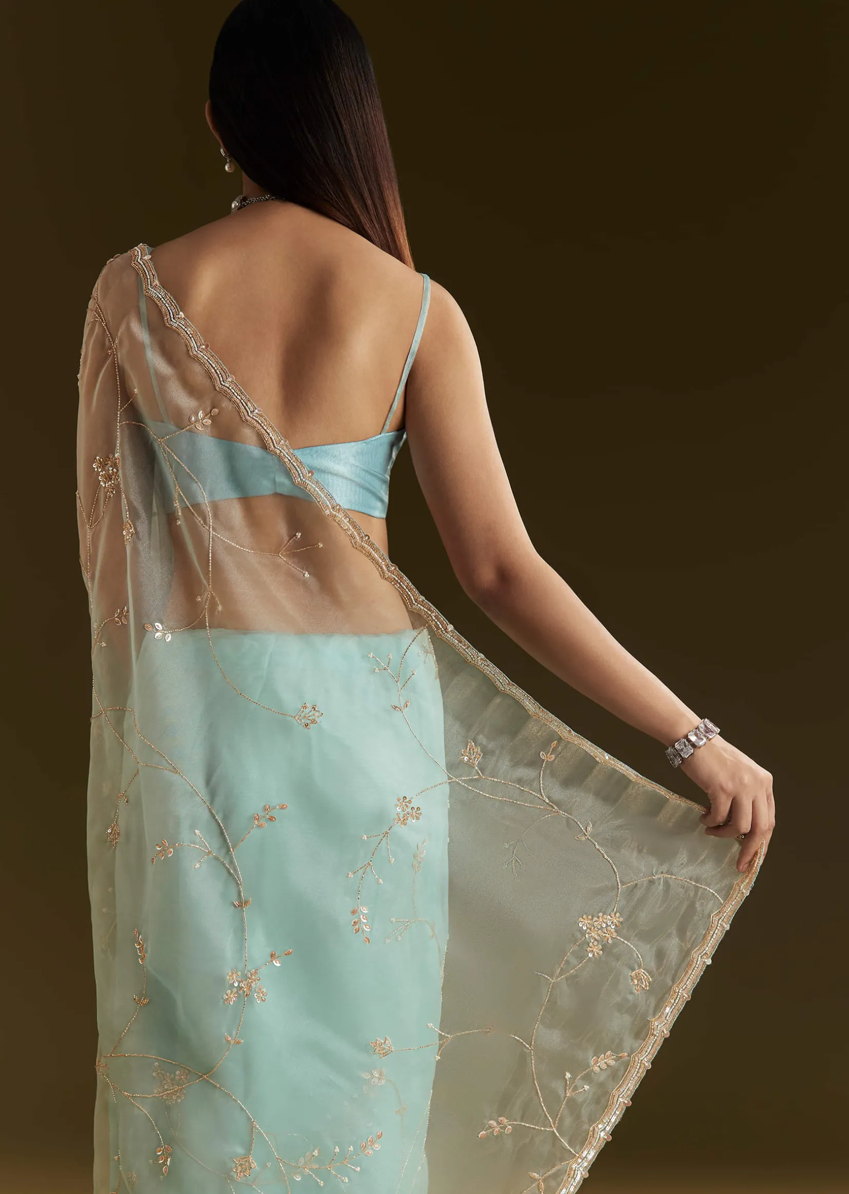 Powder Blue Tissue Embroidered Saree With Scallop Border
