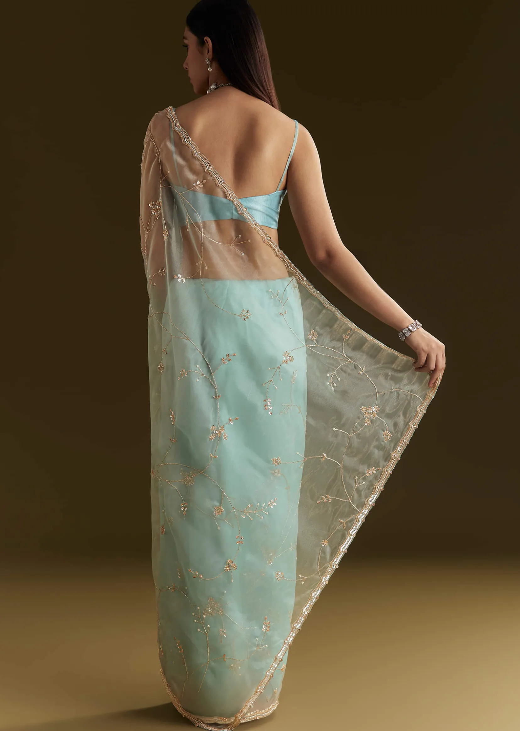 Powder Blue Tissue Embroidered Saree With Scallop Border