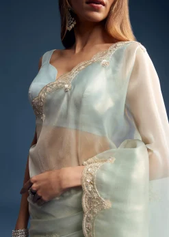 Powder Blue Tissue Saree With Cutdana Embroidery