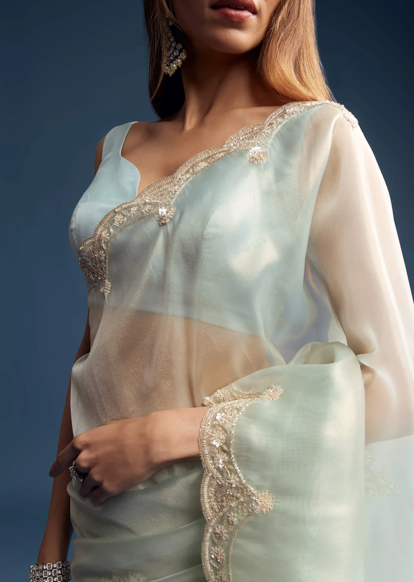 Powder Blue Tissue Saree With Cutdana Embroidery