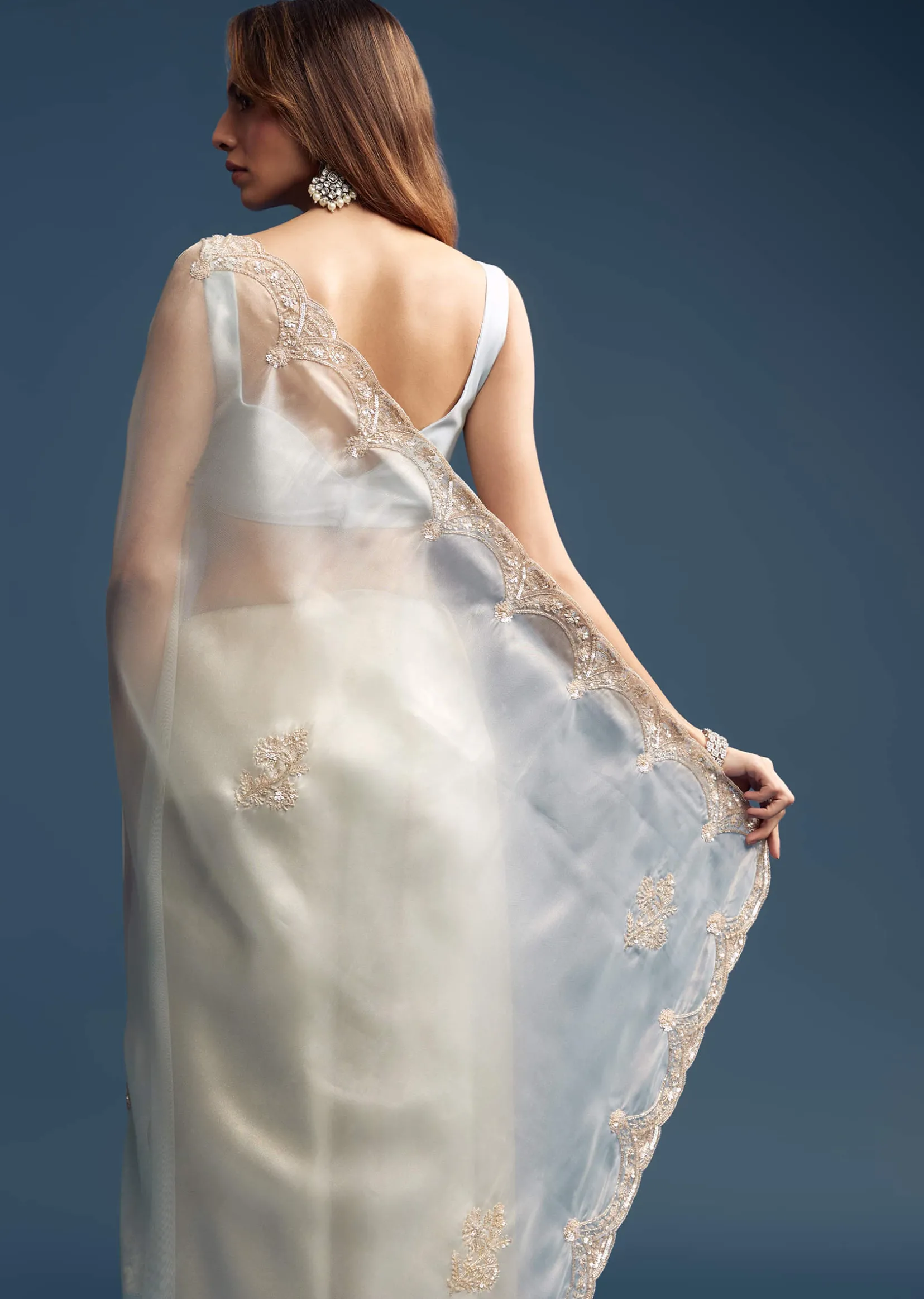Powder Blue Tissue Saree With Cutdana Embroidery