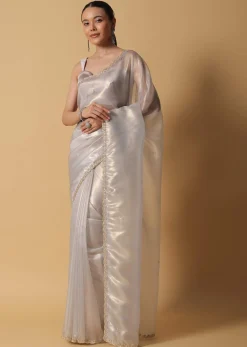 Powder Green Foil Saree In Tissue With Cut Dana Embroidered Borders