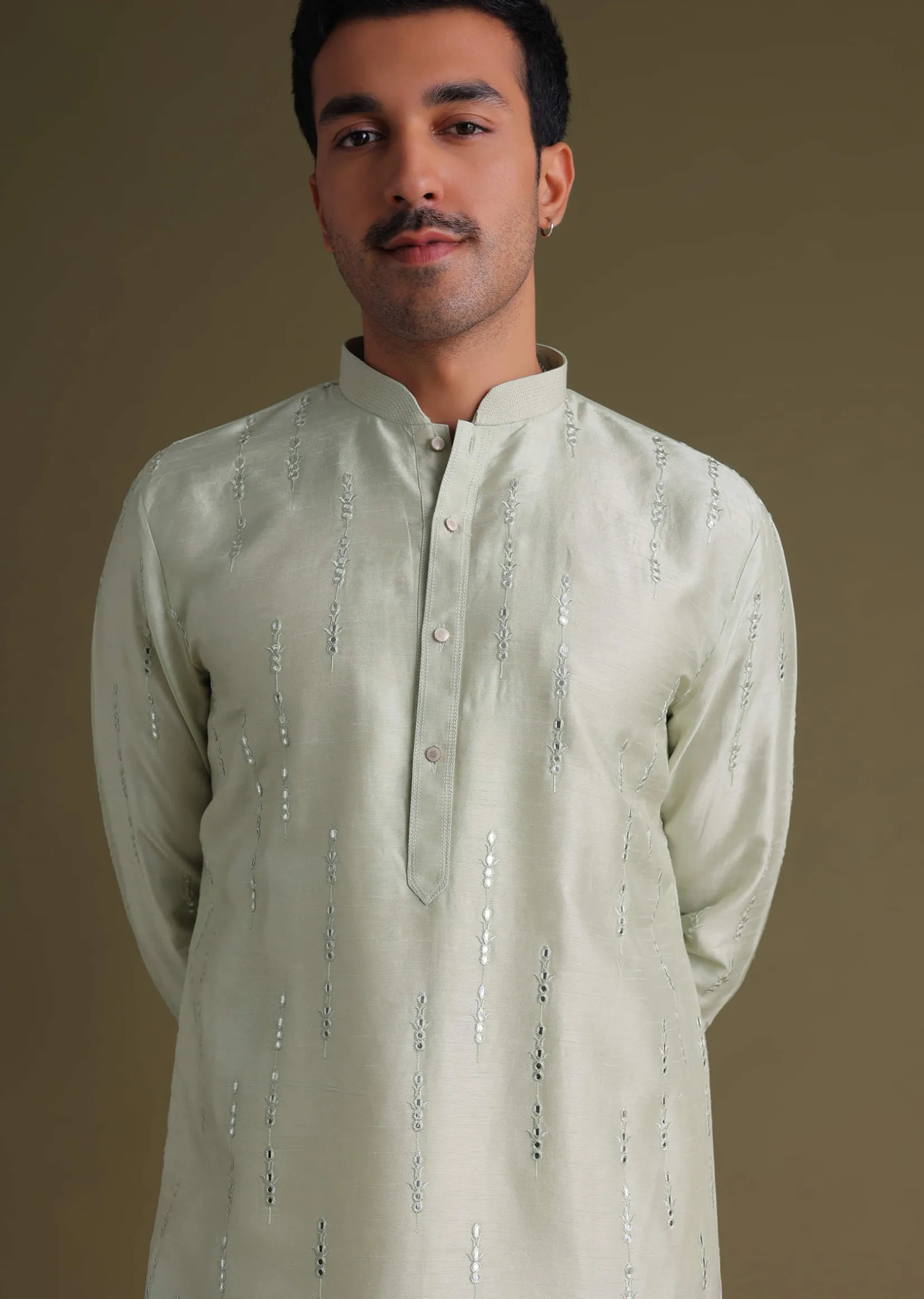 Powder Green Kurta Set With Mirror Work Embroidery In Cotton Silk