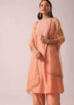 Powder Peach Chanderi Kurta And Pant Set