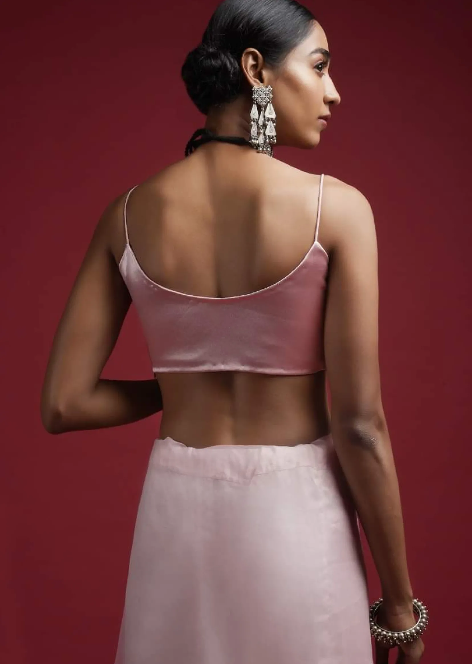 Powder Pink Blouse In Milano Satin With Spaghetti Straps On The Shoulders