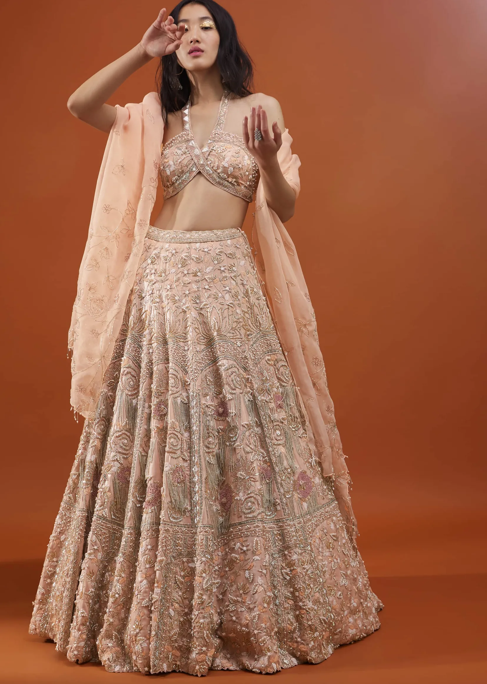 Powder Pink Festive Silver Pink Bela Lehenga Set In Embroidery And Halter Blouse - NOOR 2022
