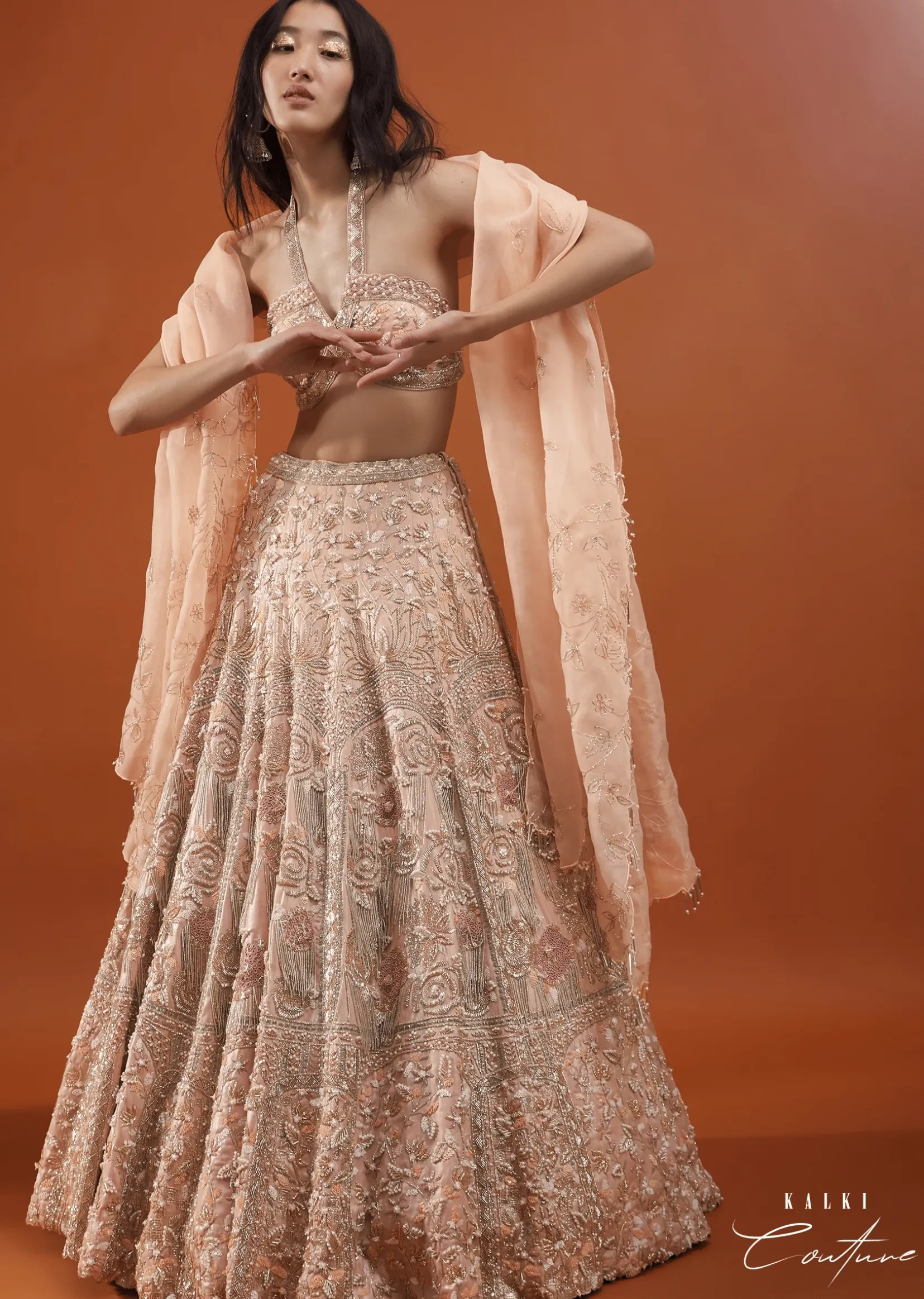Powder Pink Festive Silver Pink Bela Lehenga Set In Embroidery And Halter Blouse - NOOR 2022