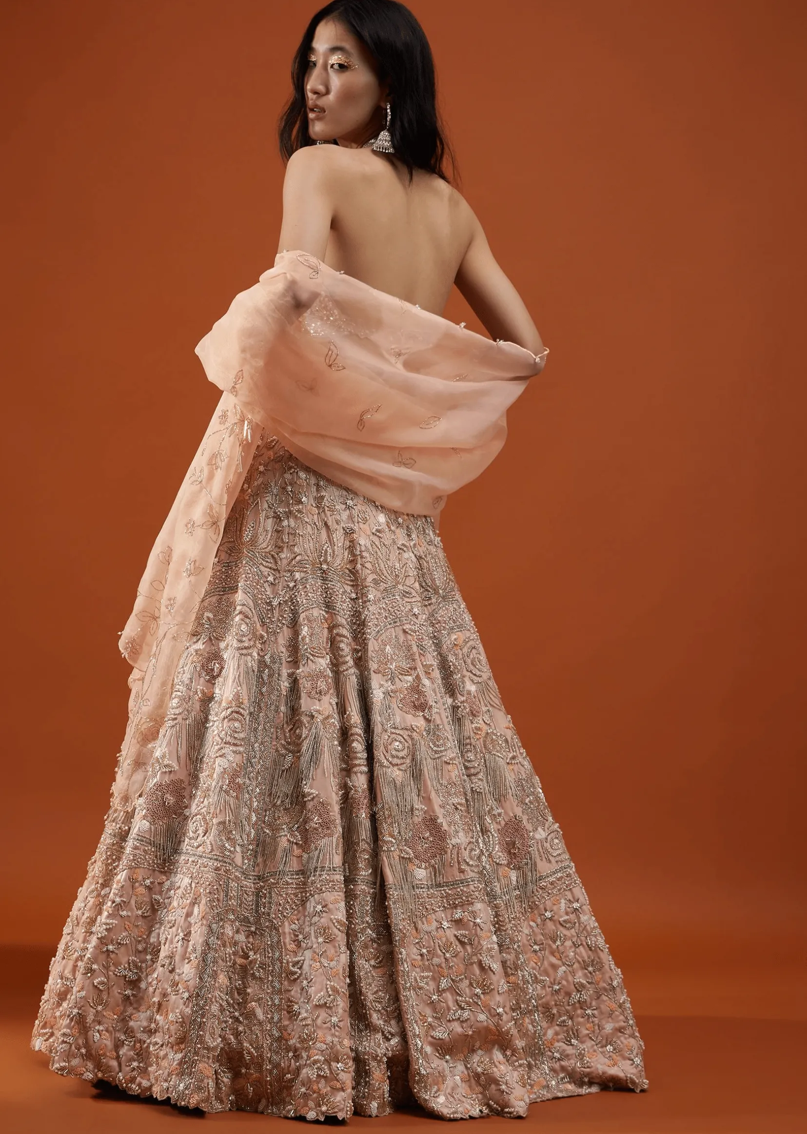 Powder Pink Festive Silver Pink Bela Lehenga Set In Embroidery And Halter Blouse - NOOR 2022