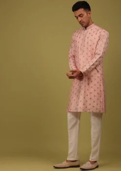 Powder Pink Printed Tussar Silk Kurta Set With Sequins