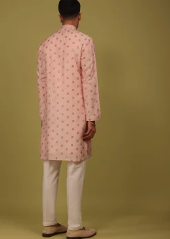 Powder Pink Printed Tussar Silk Kurta Set With Sequins