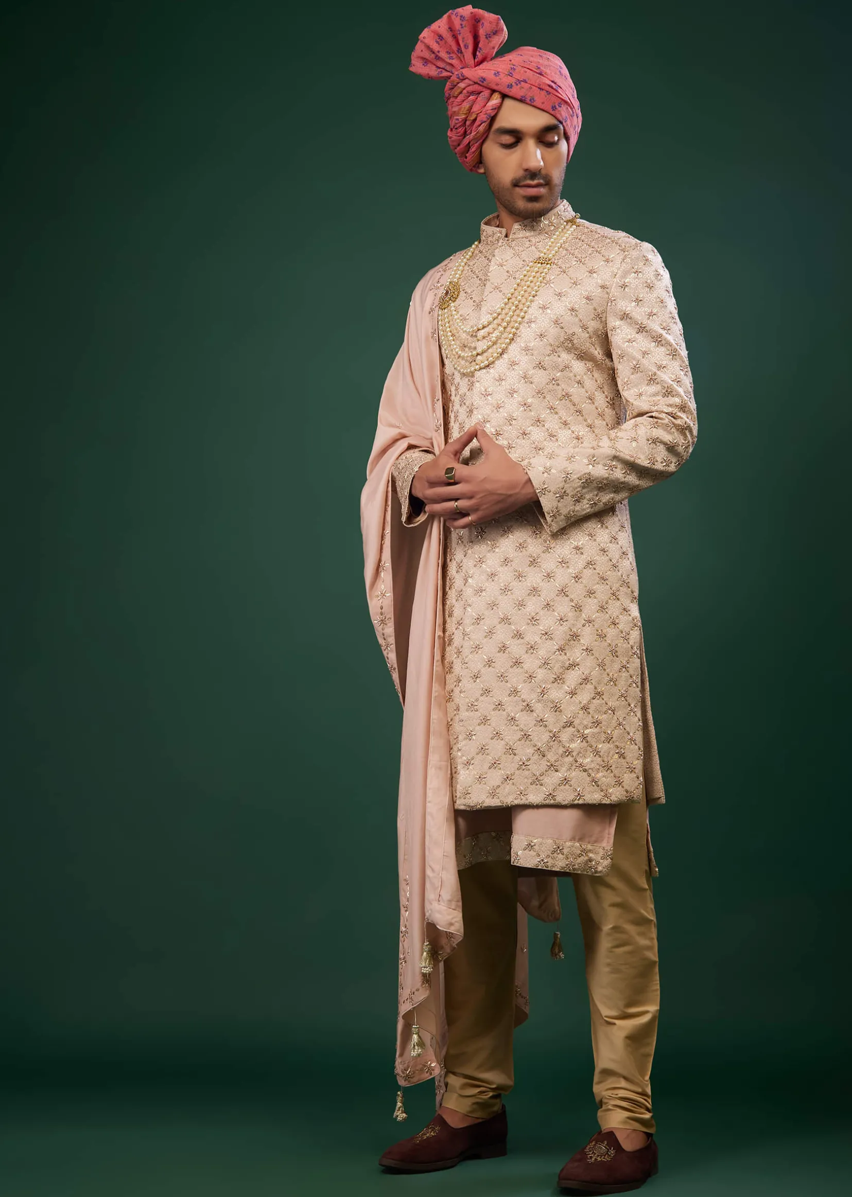 Powder Pink Raw Silk Sherwani Set With Embroidery