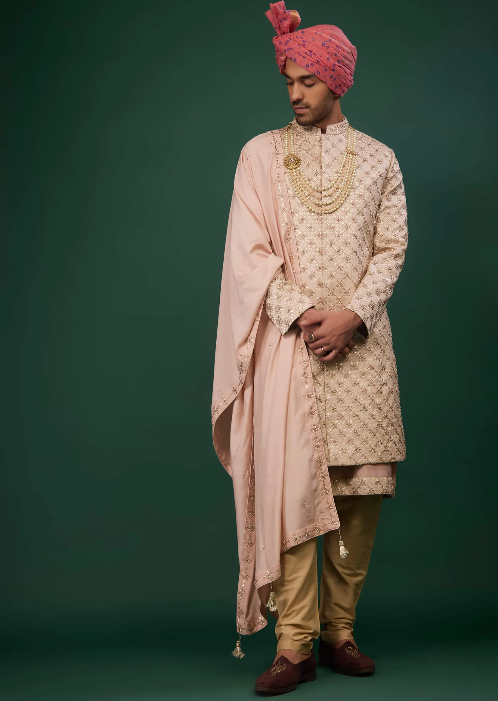 Powder Pink Raw Silk Sherwani Set With Embroidery