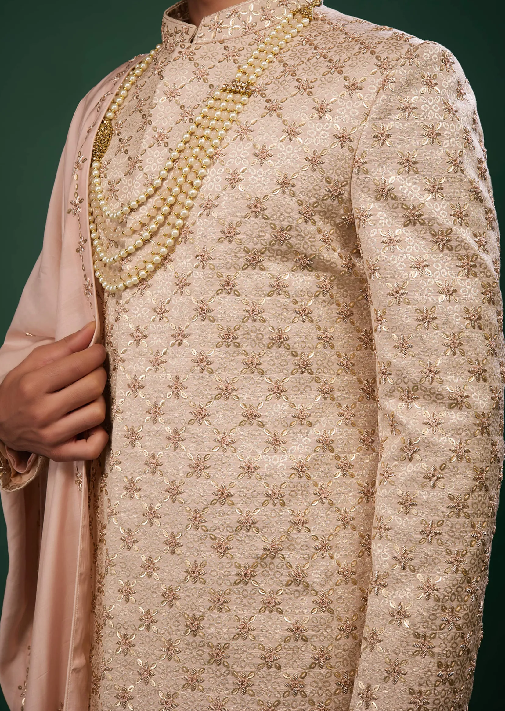 Powder Pink Raw Silk Sherwani Set With Embroidery