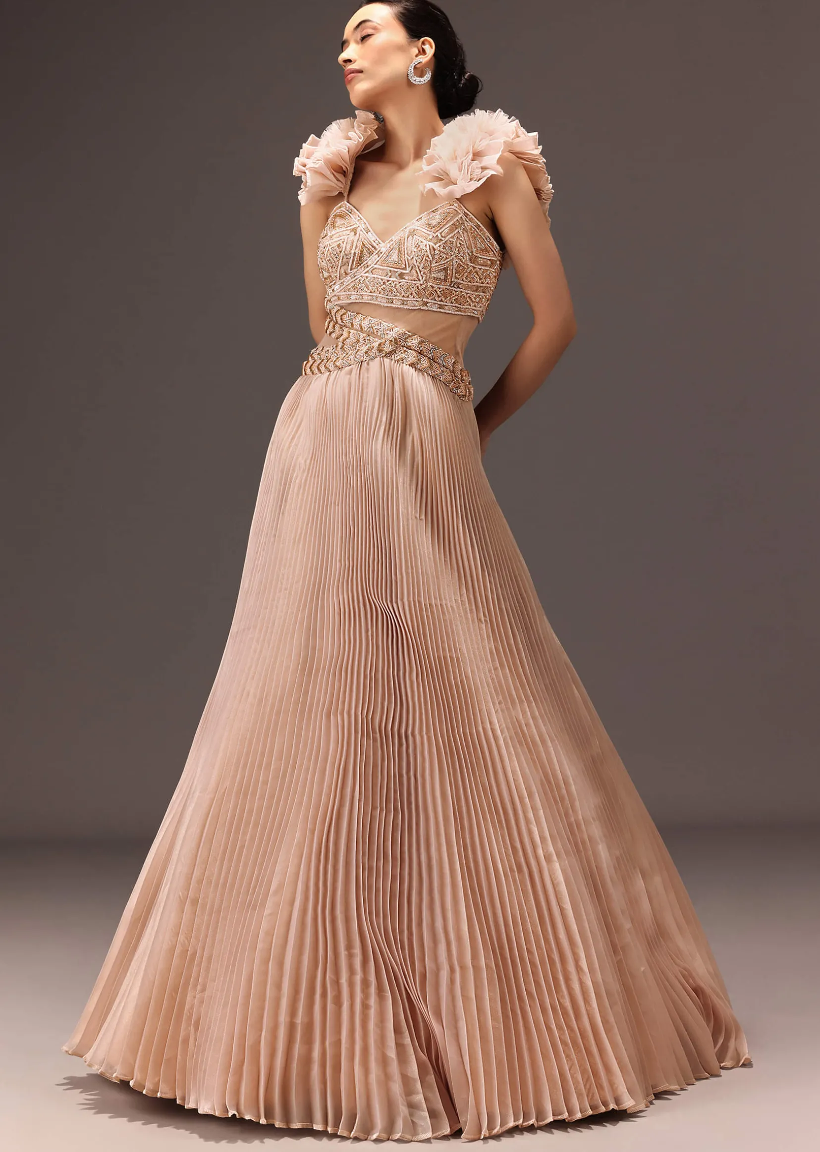 Powder Pink Ruffle Gown In Organza