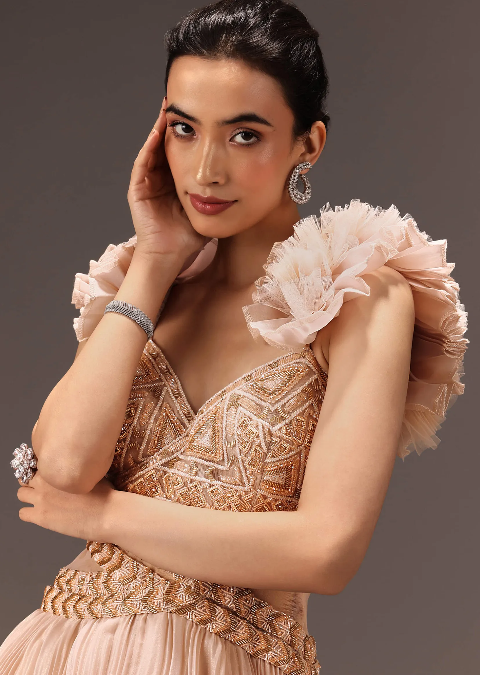 Powder Pink Ruffle Gown In Organza
