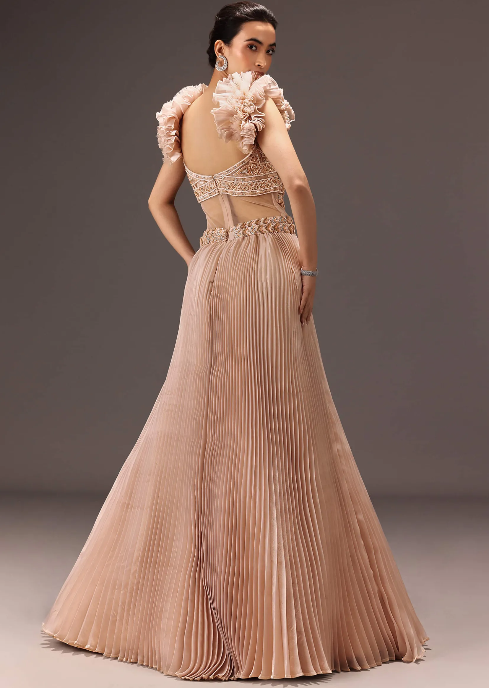 Powder Pink Ruffle Gown In Organza