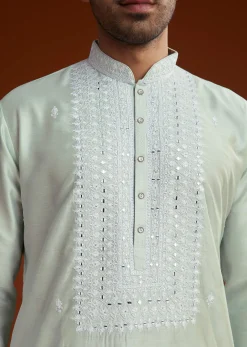 Powder Pista Green Silk Kurta Set With Resham Embroidery