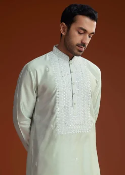 Powder Pista Green Silk Kurta Set With Resham Embroidery