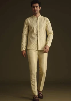 Powder Yellow Silk Mirror Work Indo Jacket Set