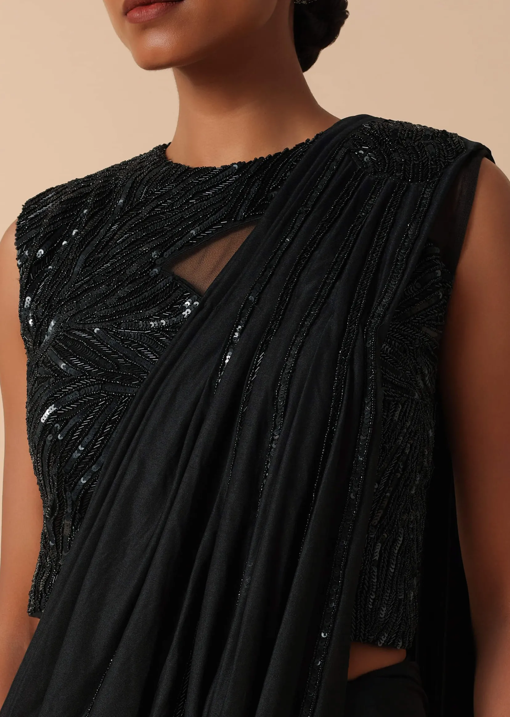 Pre Stitched Black Saree With Cut Dana Embellishments