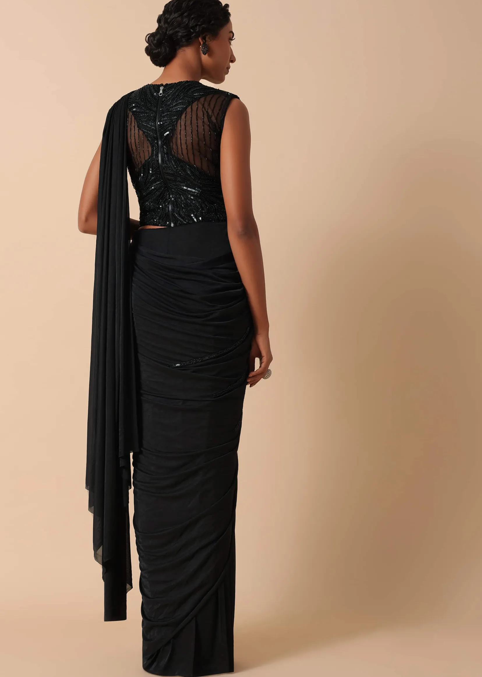 Pre Stitched Black Saree With Cut Dana Embellishments
