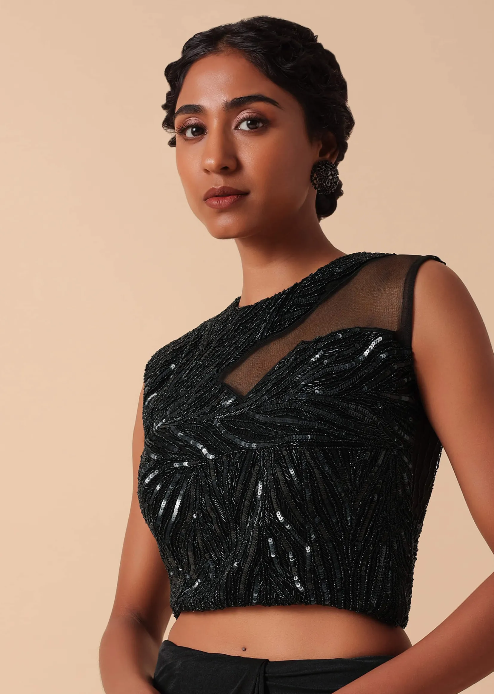 Pre Stitched Black Saree With Cut Dana Embellishments