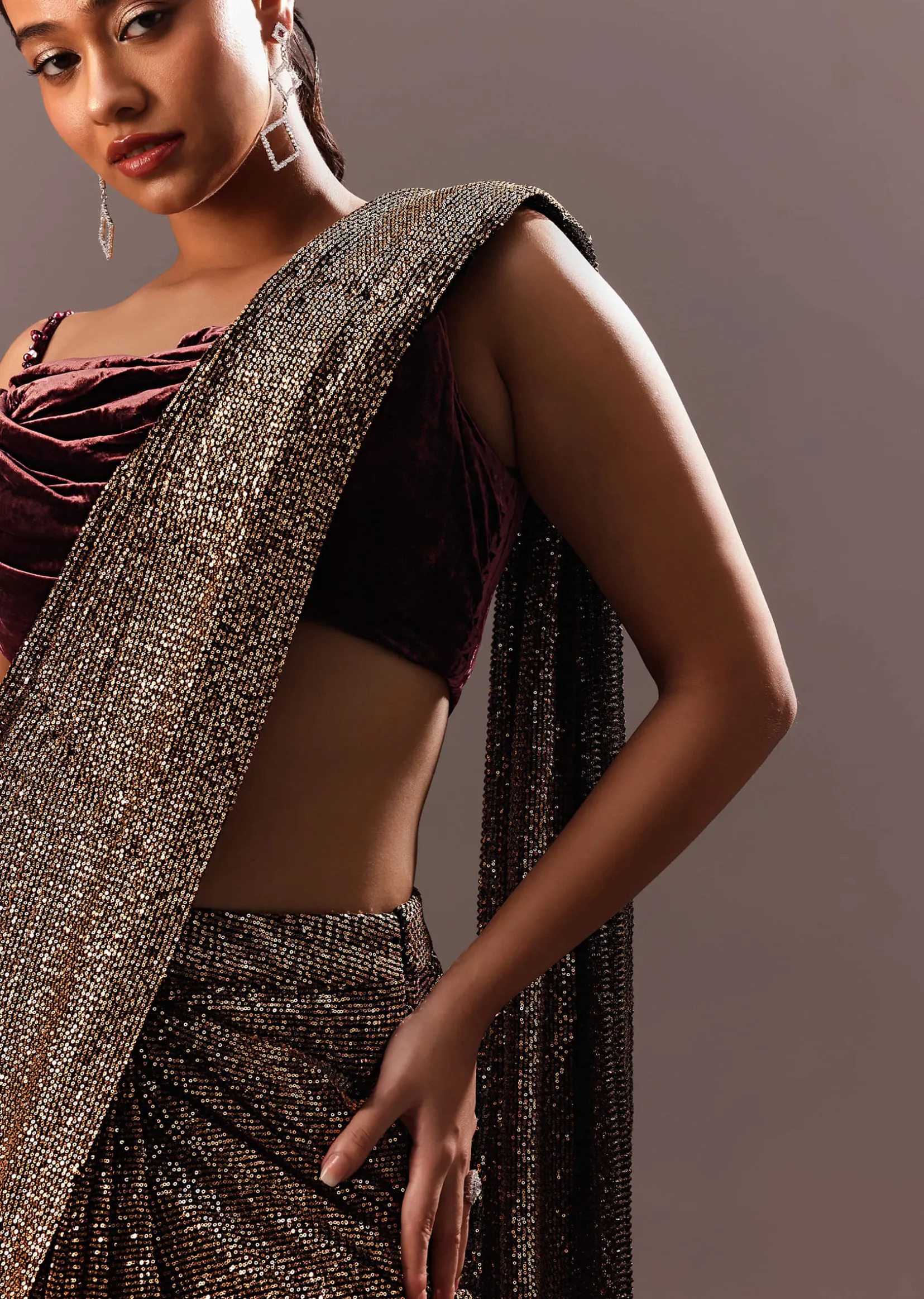 Pre Stitched Brown Sequined Saree With Cowl Blouse