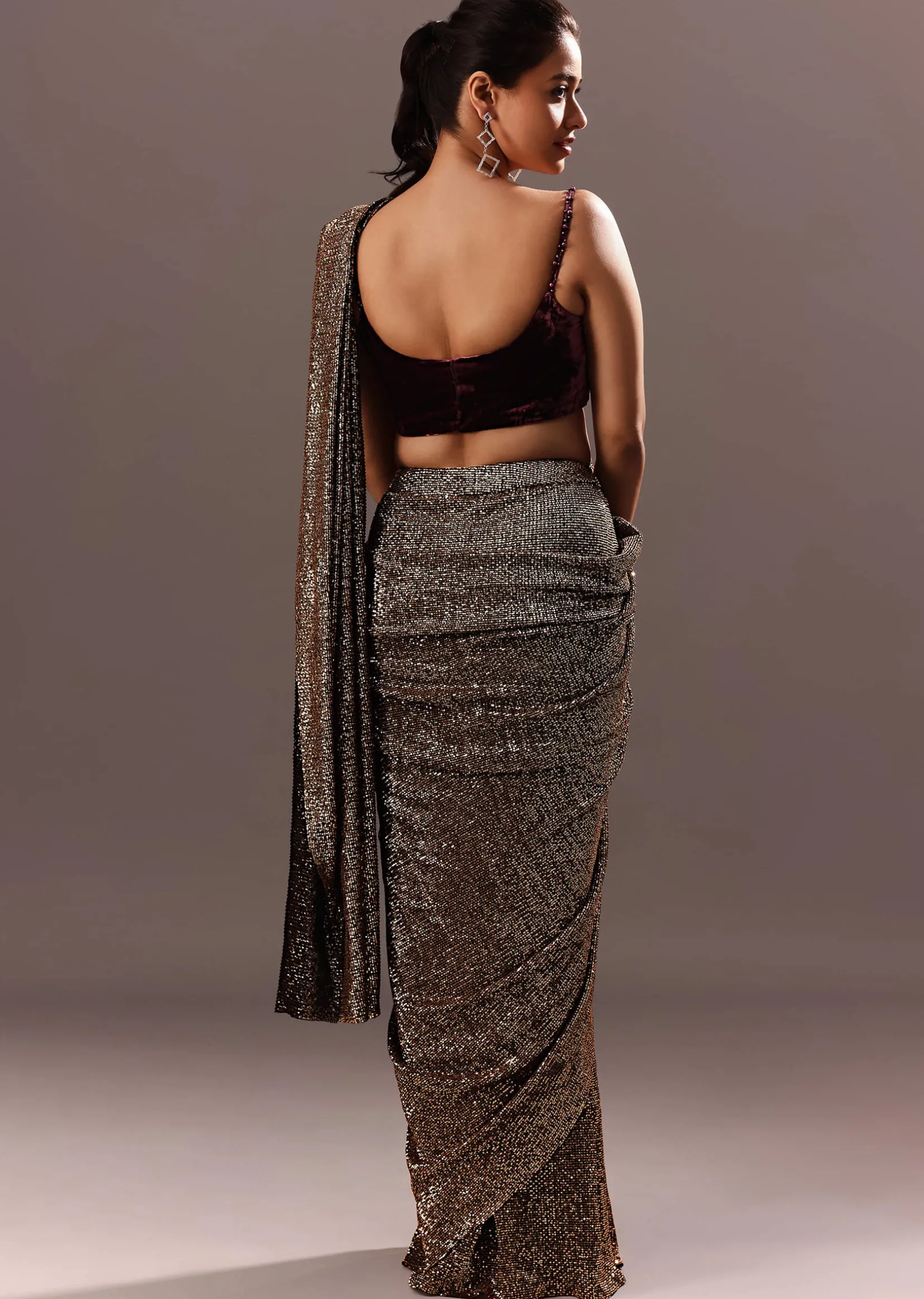 Pre Stitched Brown Sequined Saree With Cowl Blouse