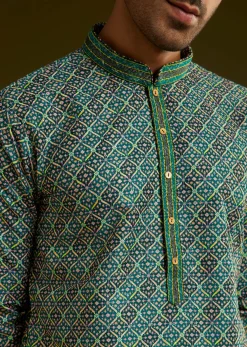 Printed Silk Kurta Set In Peacock Blue