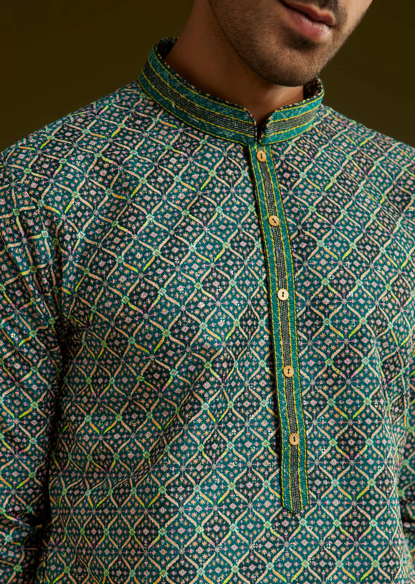 Printed Silk Kurta Set In Peacock Blue