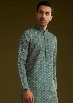 Printed Silk Kurta Set In Peacock Blue