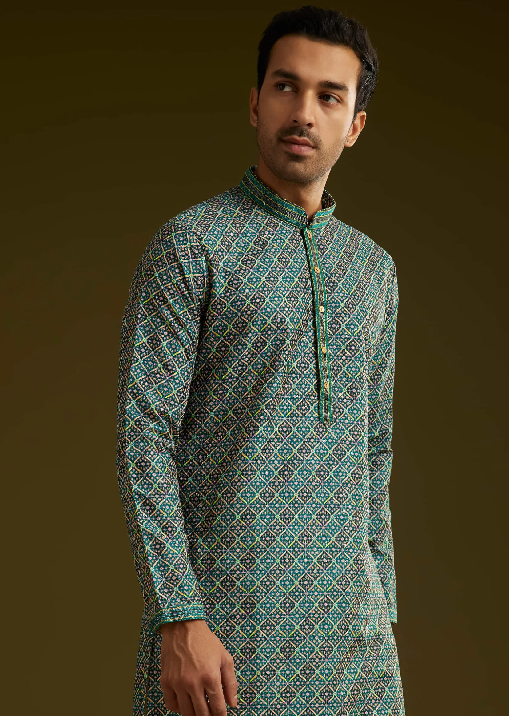 Printed Silk Kurta Set In Peacock Blue