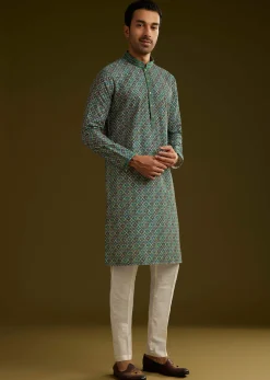 Printed Silk Kurta Set In Peacock Blue