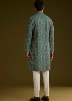 Printed Silk Kurta Set In Peacock Blue