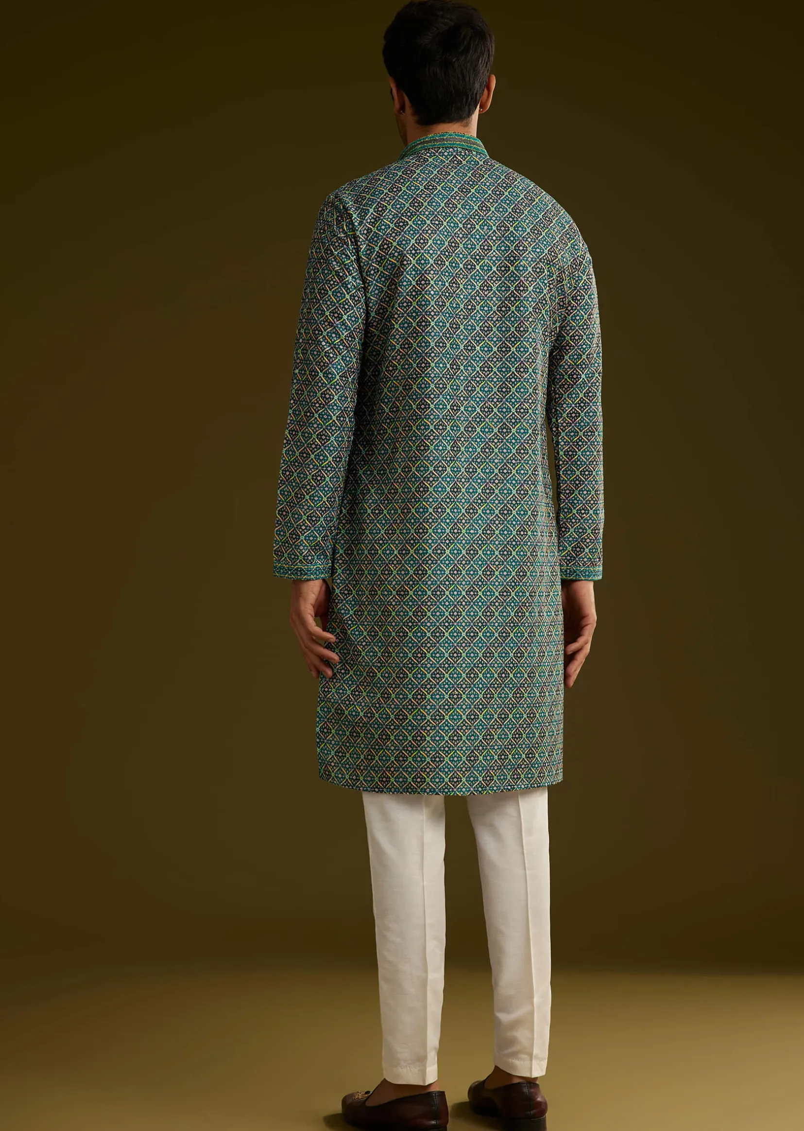 Printed Silk Kurta Set In Peacock Blue