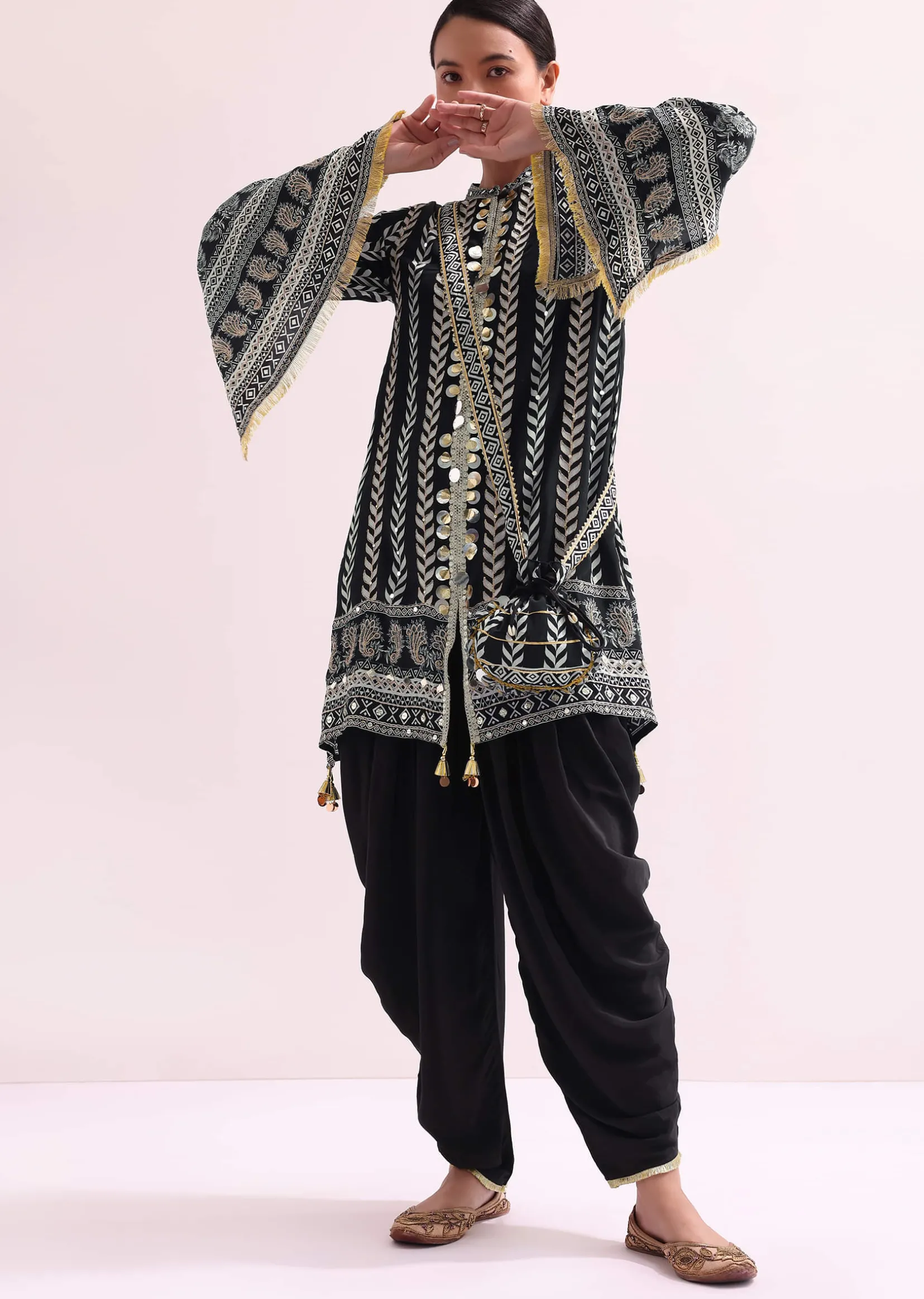 Printed With Embroidery Black Kurta Dhoti Set With Potali