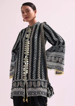 Printed With Embroidery Black Kurta Dhoti Set With Potali