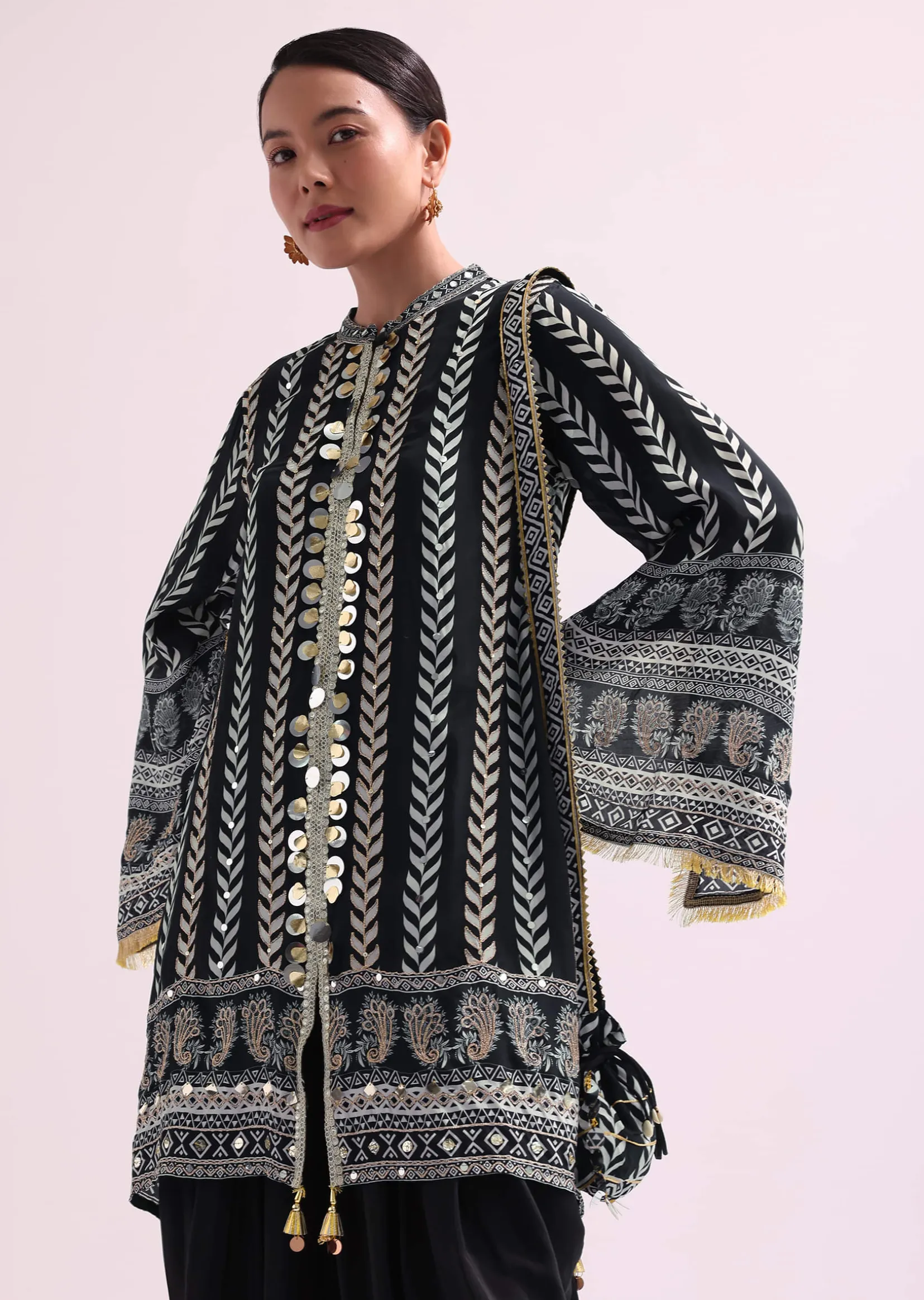 Printed With Embroidery Black Kurta Dhoti Set With Potali