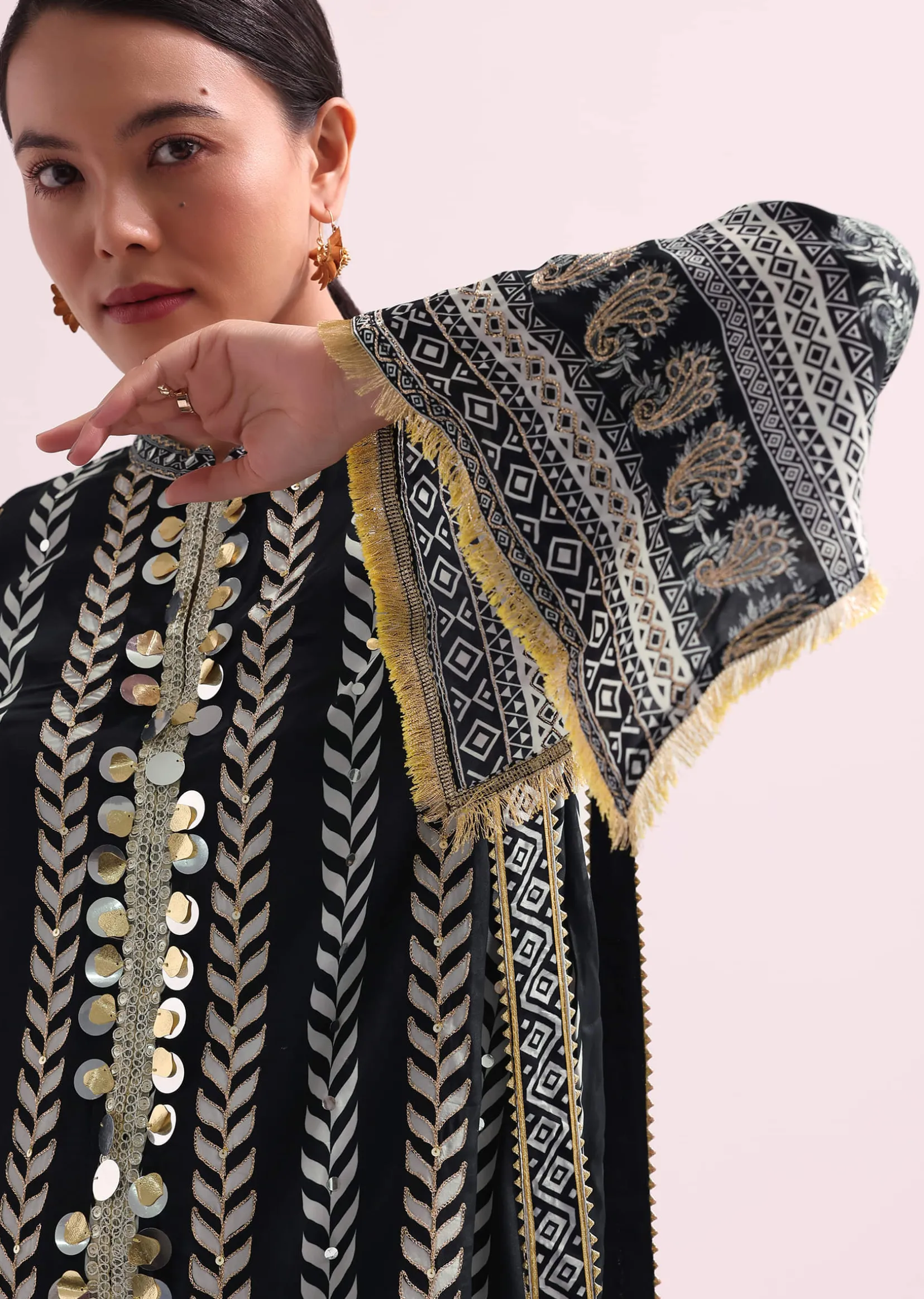 Printed With Embroidery Black Kurta Dhoti Set With Potali
