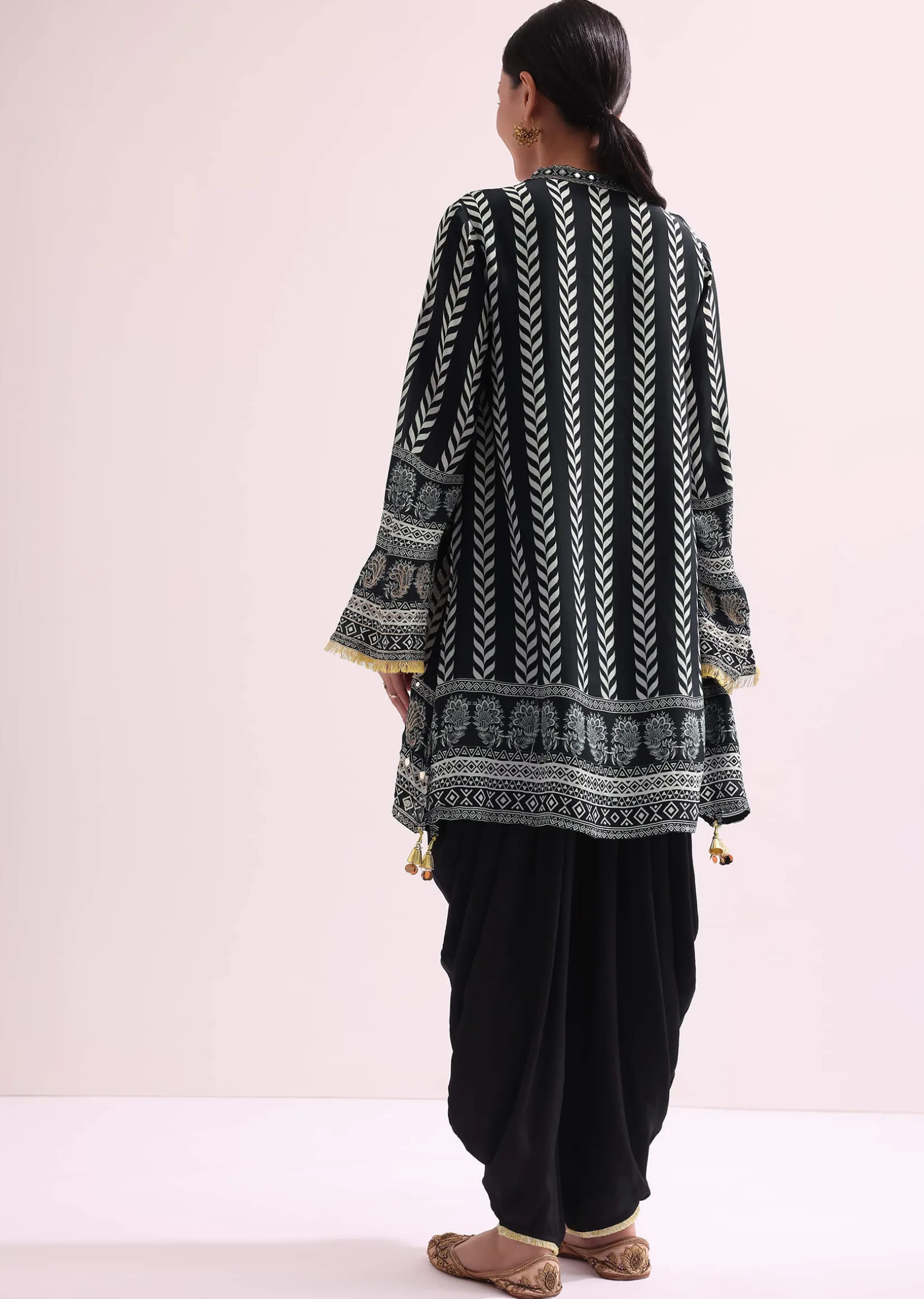 Printed With Embroidery Black Kurta Dhoti Set With Potali