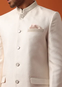 Pristine White Jodhpuri Suit With Pocket Square