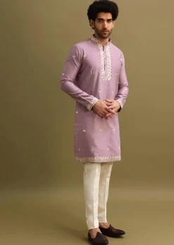 Purple Abla Work Kurta Set For Men