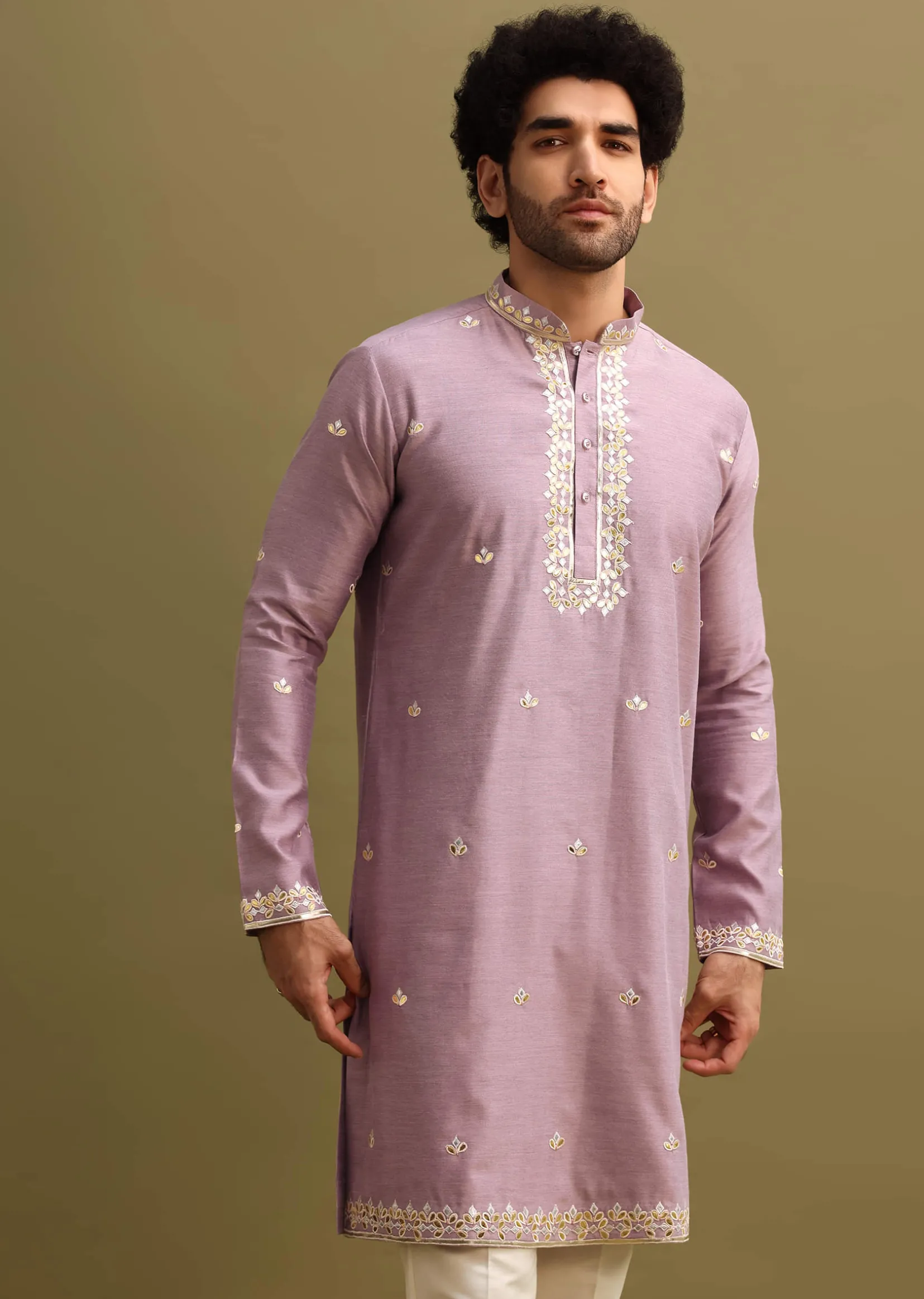 Purple Abla Work Kurta Set For Men