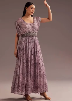 Purple Abstract Print Resham Sequins Work Jumpsuit