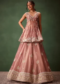 Purple Angrakha Style Embroidered Kurta With Lehenga