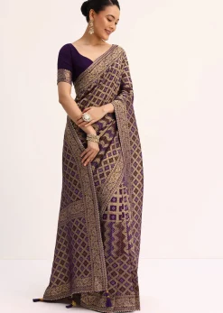 Purple Bandhani Tie Dye Saree With Zari Jaal And Unstitched Blouse