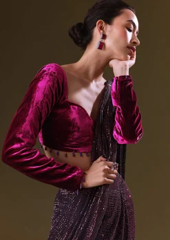 Purple Berry Pre Stitched Sequin Saree With Sweetheart Neck Blouse